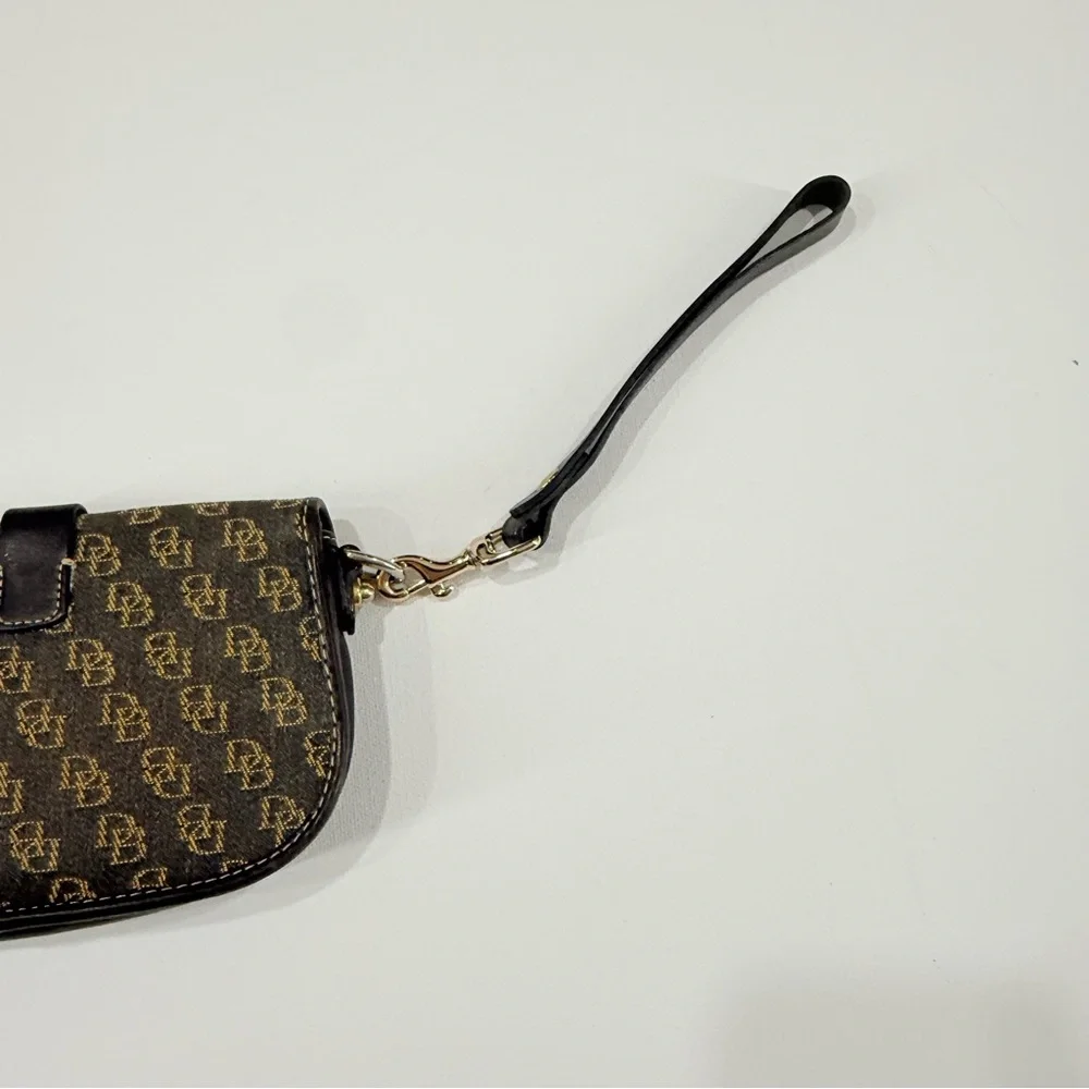 Dooney & Bourke Monogrammed Tan and Black Wristlet Clutch